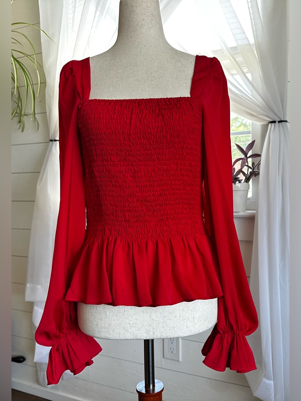 TCEC  Satin Red Ruched Ruffle Red Blouse. Bell Sleeves, Peplum Waist. 
Size: M